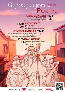 L’affiche 2025. Trois musiciens crayonés en rouge et blancs sur un fond d’un quartier coloré, calme et accueillant.