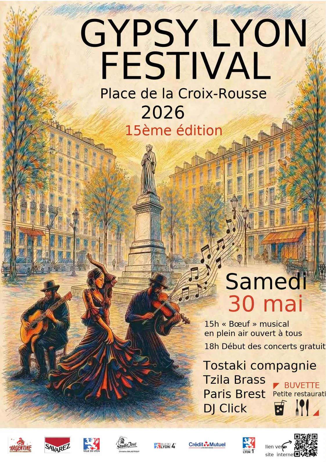 affiche présentant une danseuse et deux musiciens